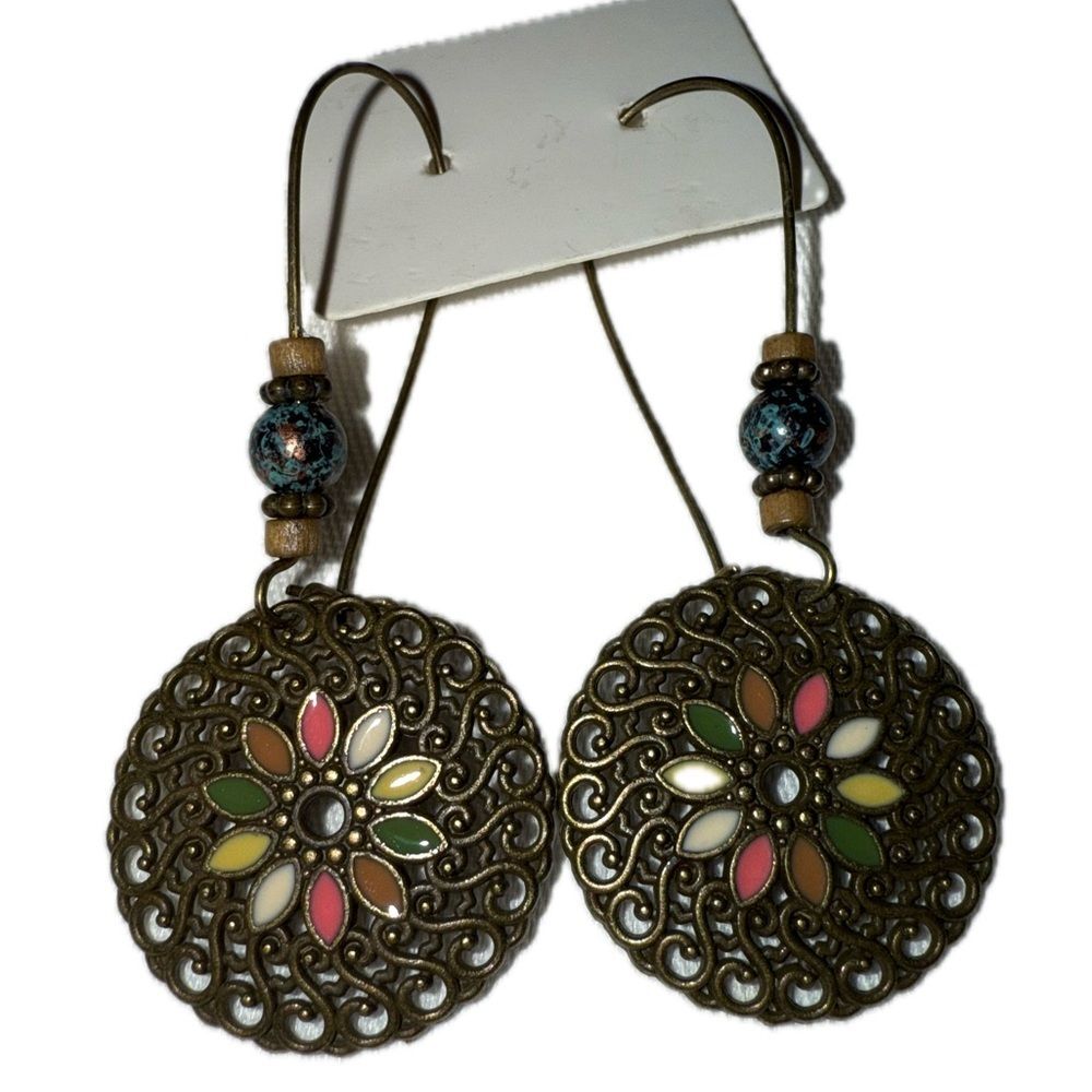 Bohemian Bronze-Tone Filigree Drop Earrings with Colorful Enamel Accents Women’s